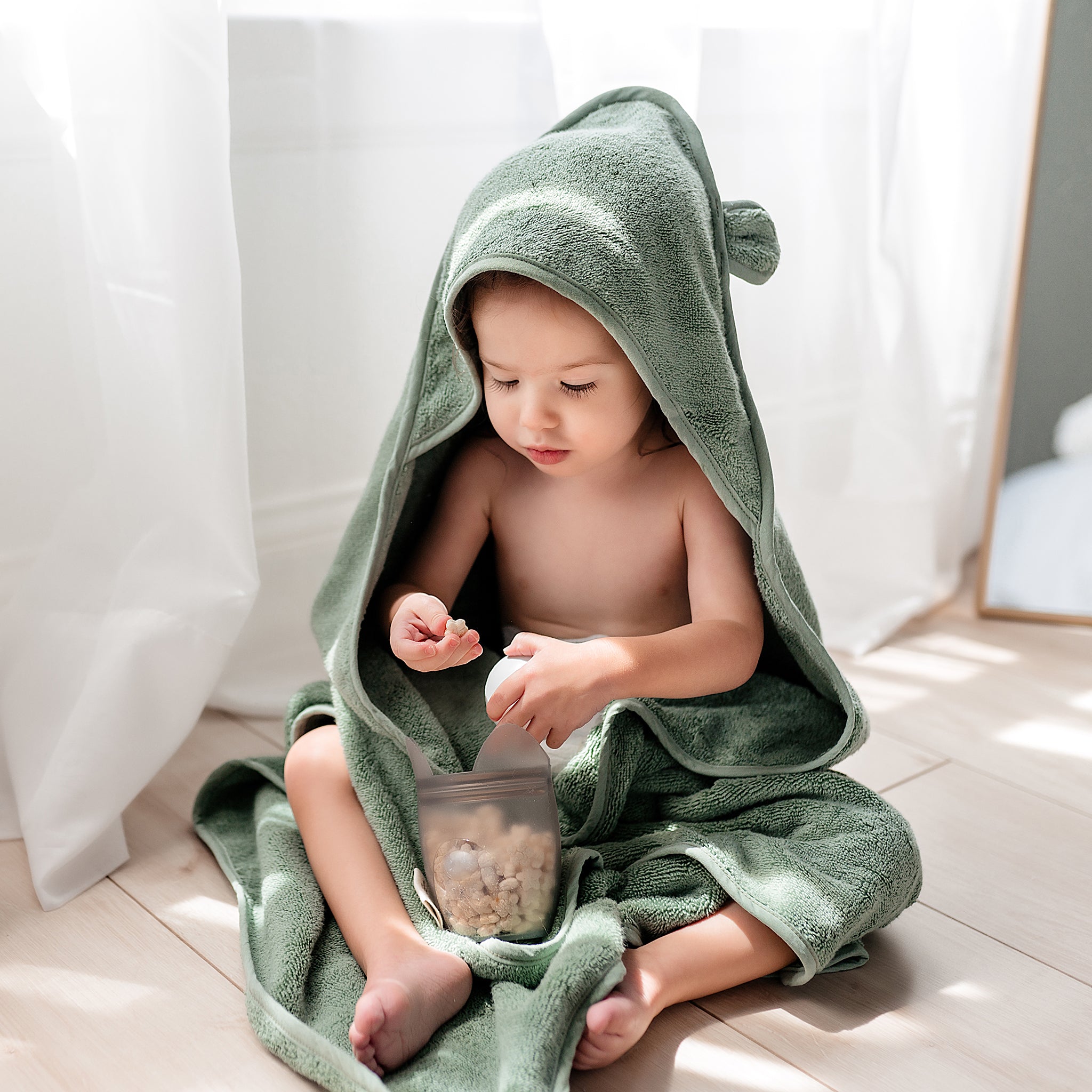 Organic Cotton Hooded Towel For Babies and Toddlers in Sage - Natemia
