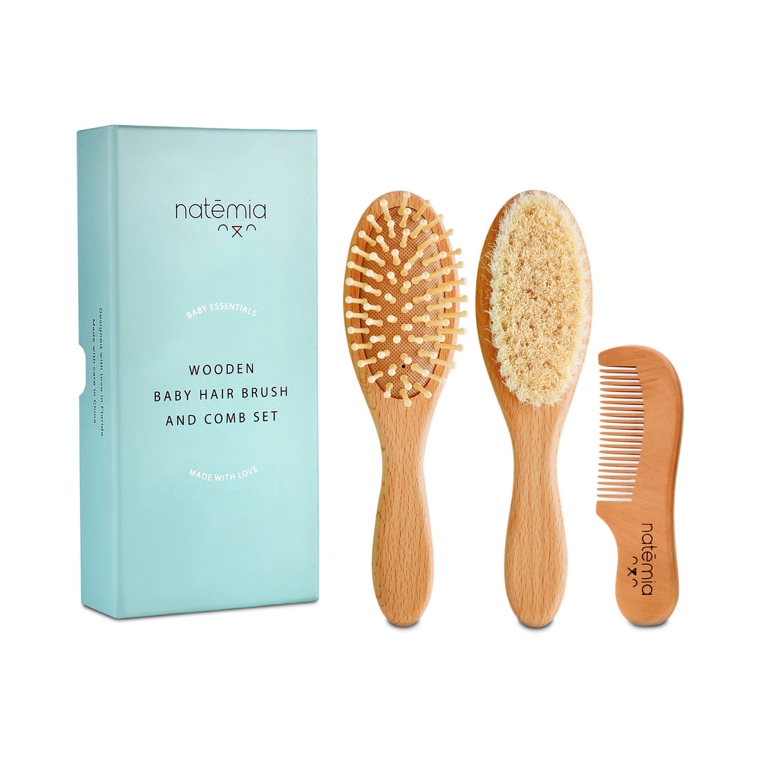 Wooden Baby Hair Brush Set (3 Piece) - Natemia