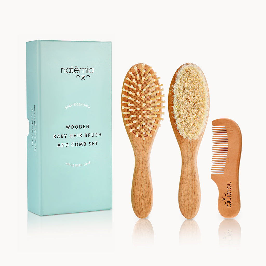 Wooden Baby Hair Brush Set With Natural Bristles - Natemia